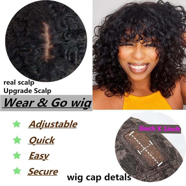 Zedena Peluca de cabello humano corto rizado con flequillo, densidad del 180%, sin pegamento, con flequillo, aspecto realista, encaje 3×1, cabello