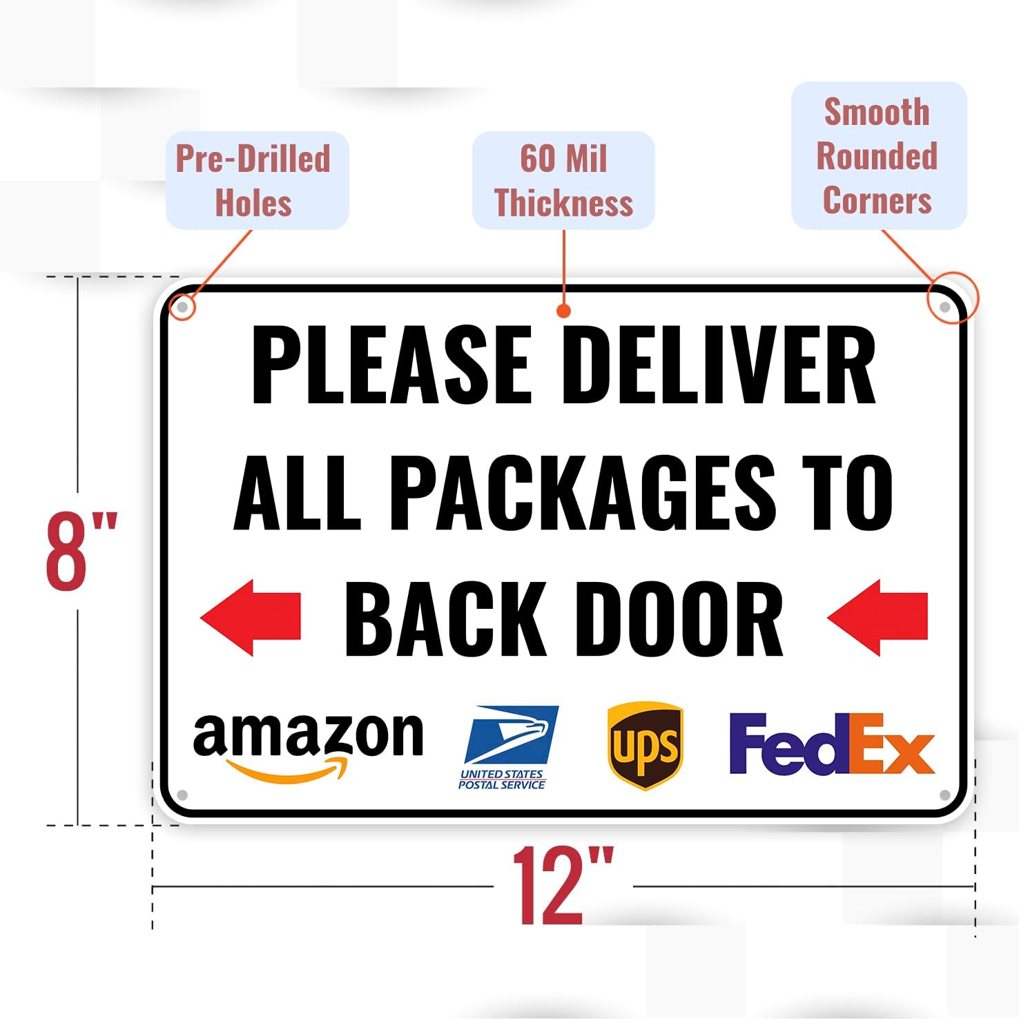 1 letrero de entrega para paquetes  Please Deliver All Packages to Rear Door Left Flecha  12 x 8 pulgadas  Aluminio  Instrucciones de entrega para