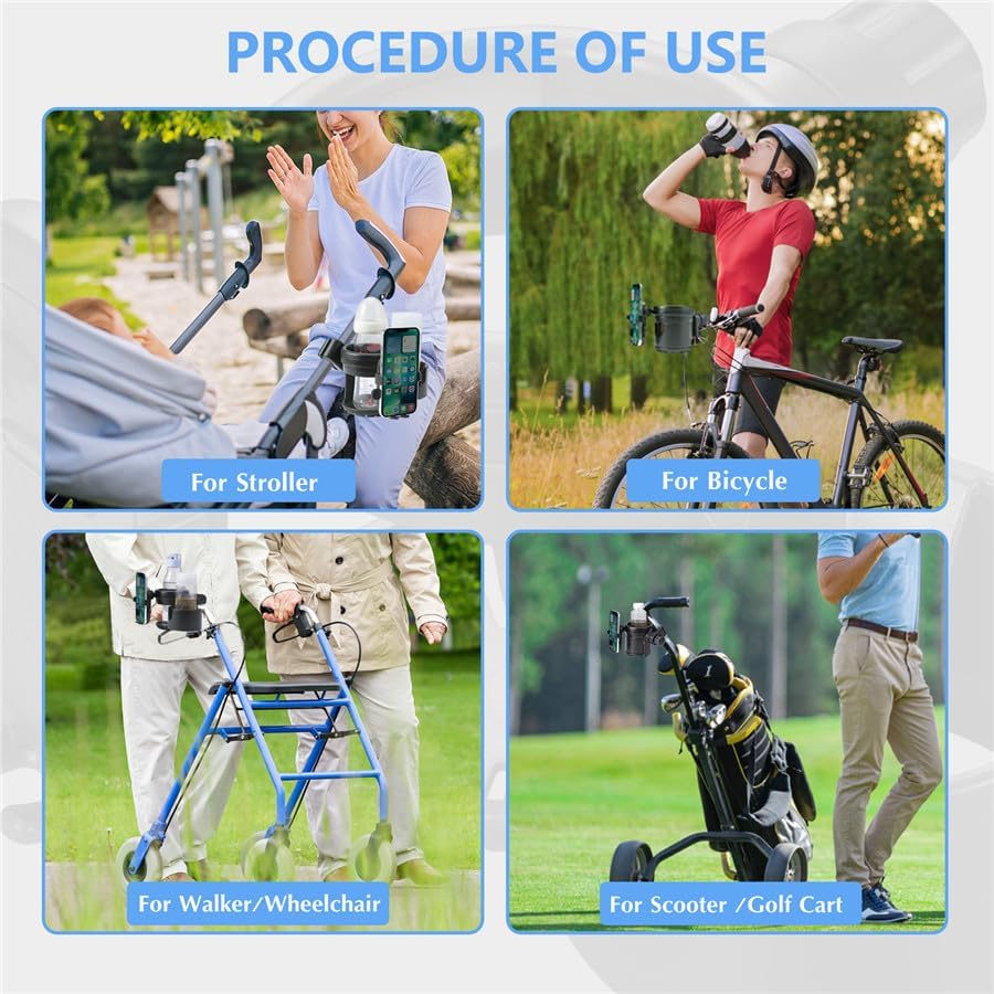 Portavasos para cochecito con soporte para teléfono, abrazadera giratoria de 360 grados para botella de agua, soporte universal 3 en 1 para