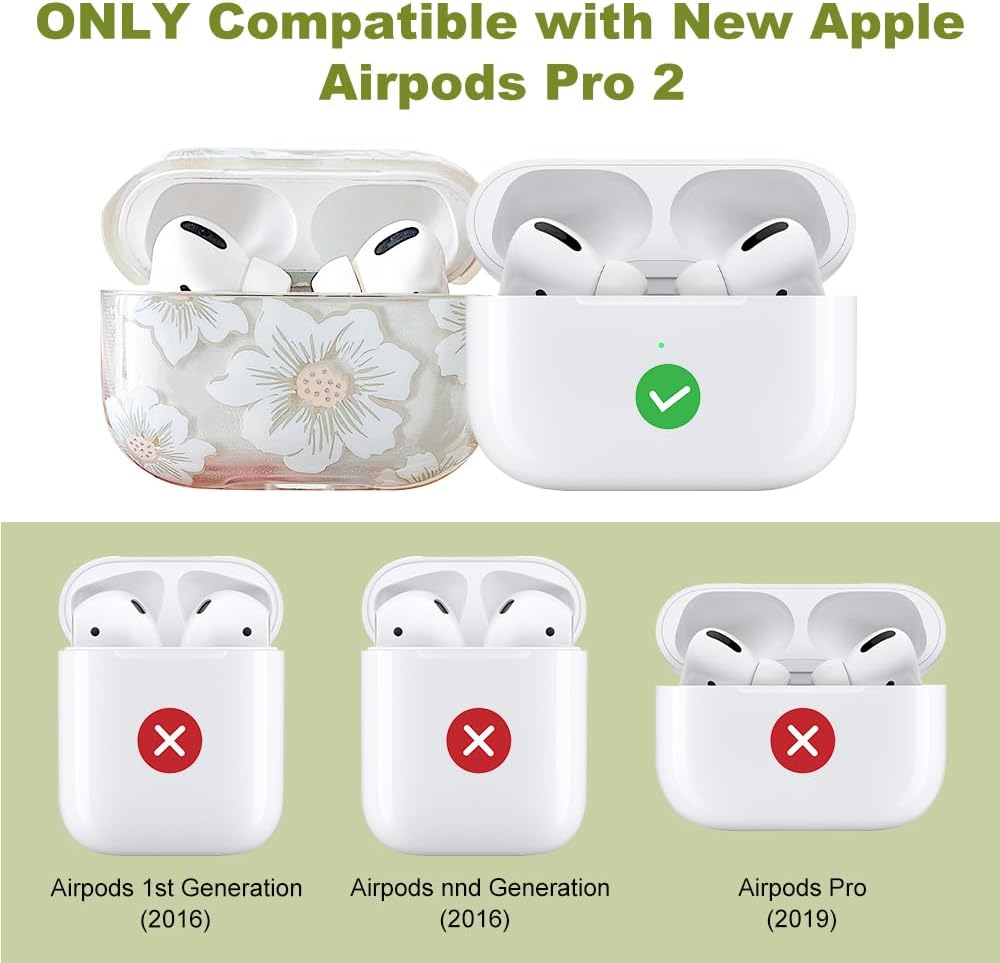MINSCOSE Funda transparente compatible con AirPods Pro 2, bonito diseño de patrón de flores de dibujos animados con llavero floral, funda protectora
