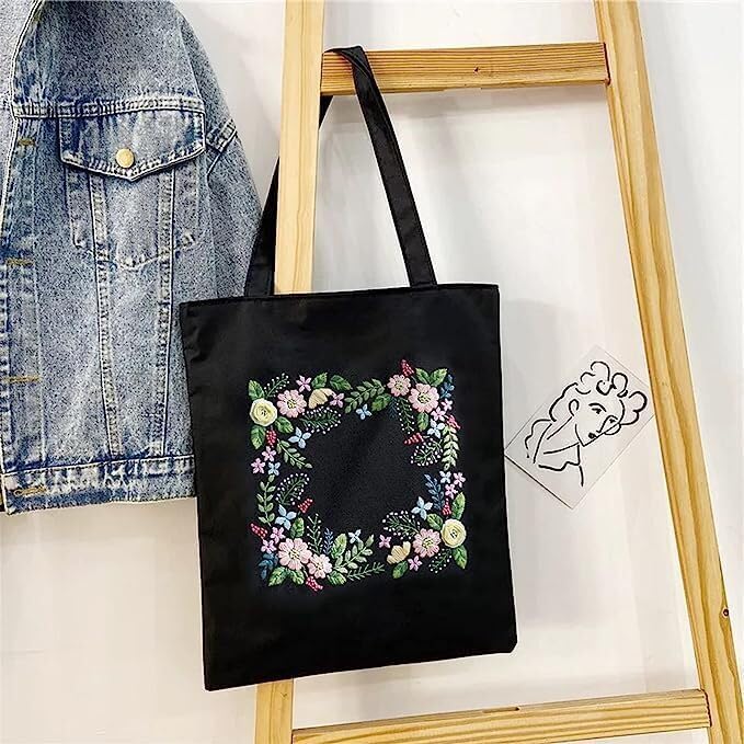 Kits de bolsas bordadas estampadas con patrón de flores coloridas, aros, hilos, costura, arte, reutilizable, almacenamiento, bolsa de lona, kits de