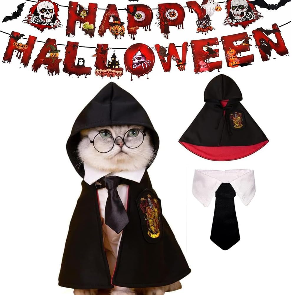 Capa de gato de Halloween con corbata para el cuello, disfraces de gato de Halloween, disfraces de perro pequeño, ropa de Halloween para mascotas,