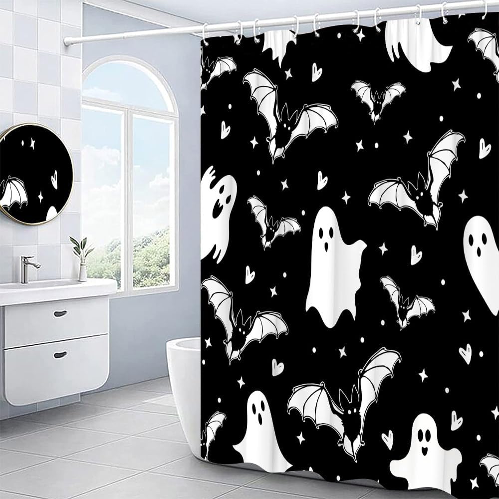 Cortina de ducha de Halloween con bonitos fantasmas divertidos y espeluznantes murciélagos estrellados, cortinas de baño en blanco y negro, juego de