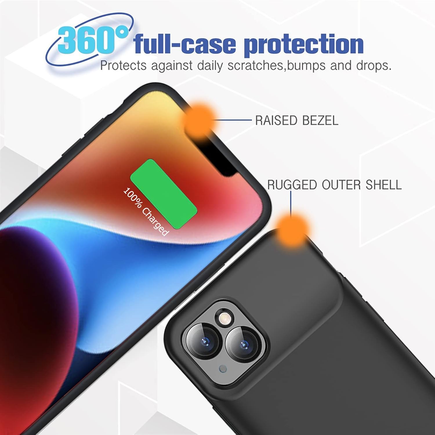 Funda de batería para iPhone 14, Full Encircle 7000mAh Ultra-Slim Recargable Inteligente Portátil Cubierta de Carga Extendida Batería Compatible con