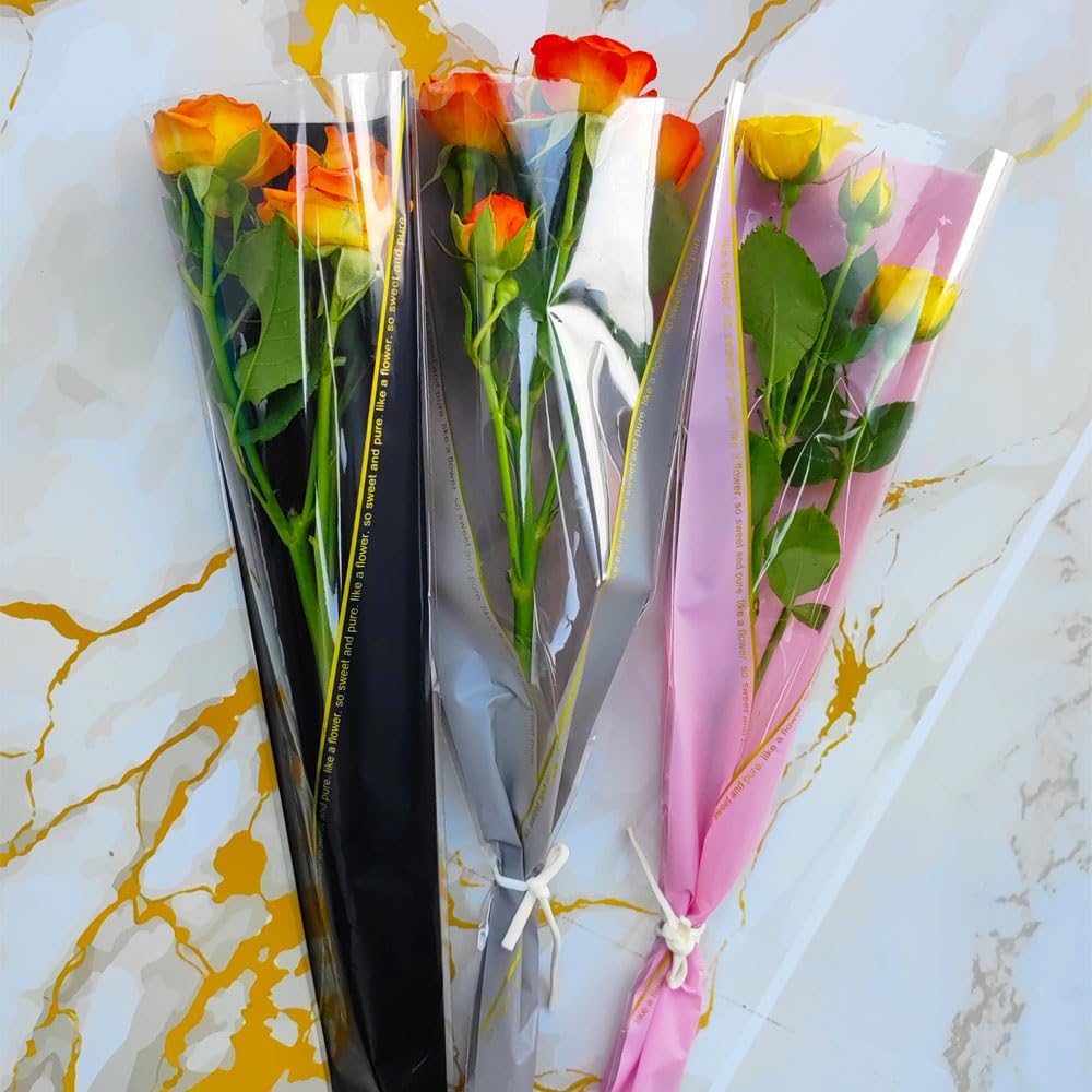 HYMAOME 50 bolsas de embalaje de rosas individuales para ramo de flores, mangas de plástico transparente para violonchelo, rosas envueltas para