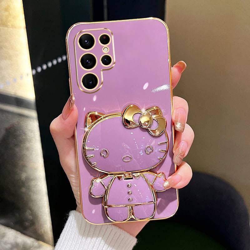 Fancy Kitty – Funda de teléfono para Samsung S23 Ultra, chapado en 6D MIUMIU con diseño de soporte, funda de espejo de maquillaje, funda femenina de