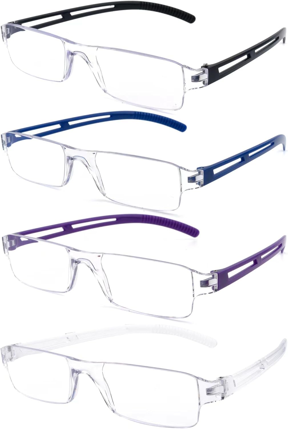 Paquete de 4 lentes de lectura sin marco, marcos transparentes de luz azul, ligeros para hombres y mujeres