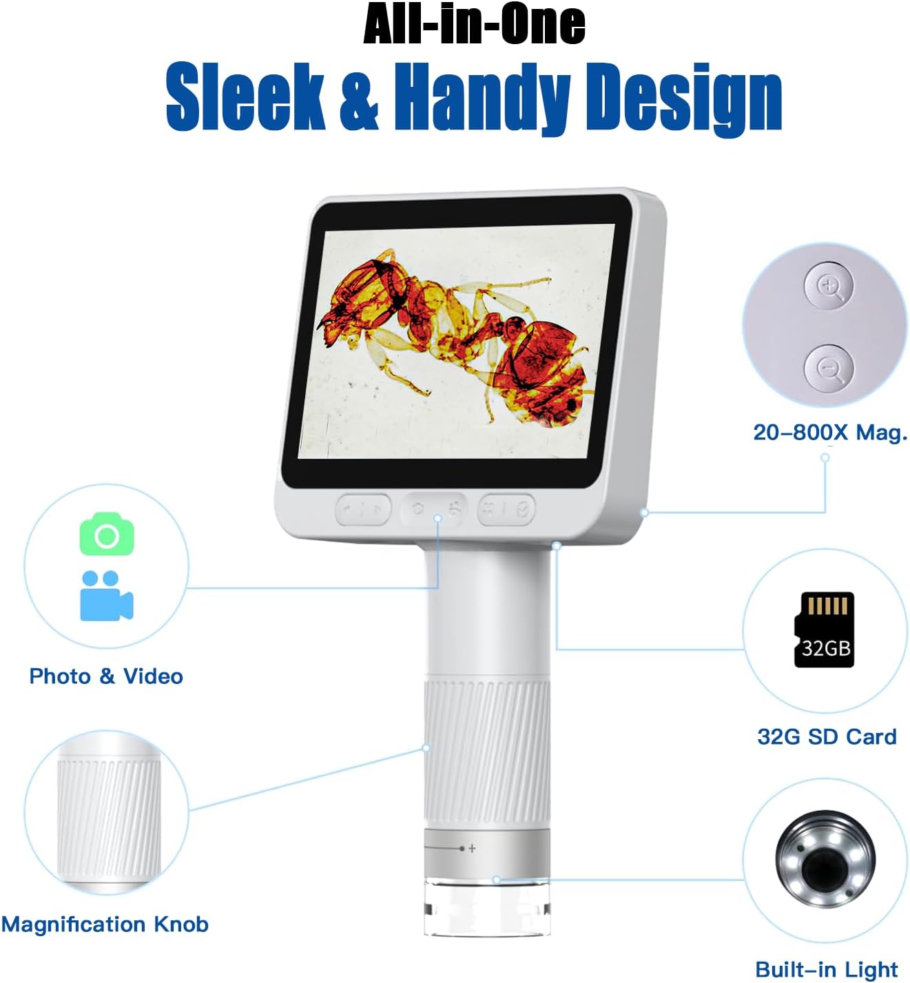 BEAVERLAB Microscopio digital con pantalla IPS 1080P de 4.3 pulgadas, ligero y portátil, aumento de 1600x para niños y adultos, exploración de la