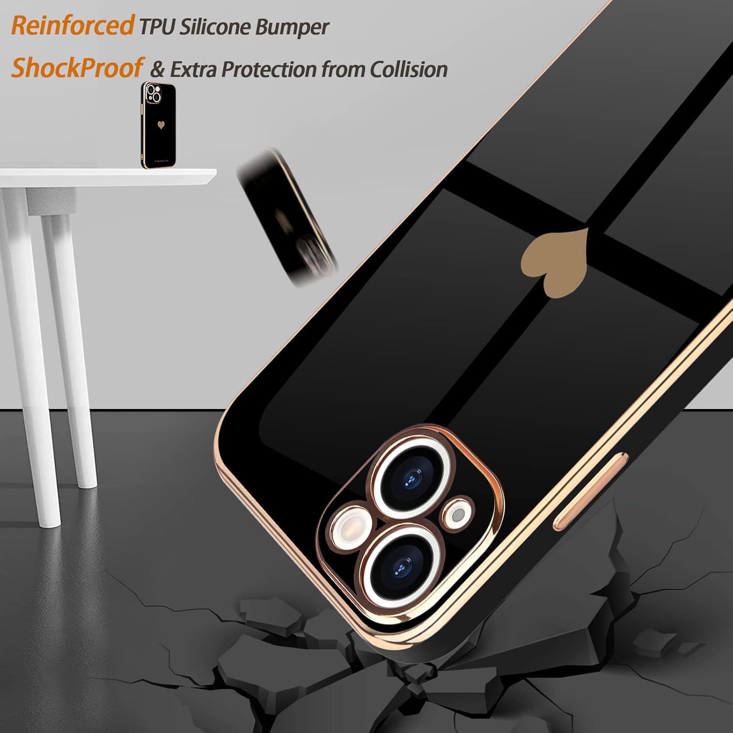 Teageo Funda para iPhone 15 con protector de pantalla 2 unidades para niñas y mujeres, lindo corazón femenino de amor, cubierta suave dorada,