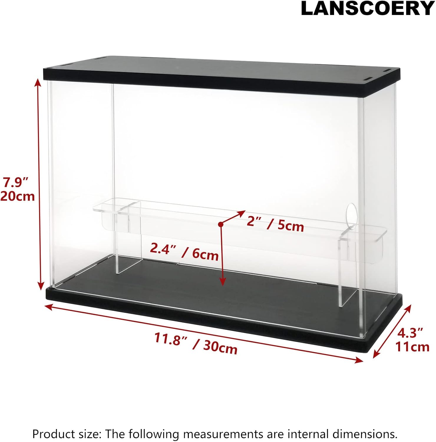 LANSCOERY Vitrina de acrílico transparente con luz, soporte de 2 niveles con base negra, escaparate de protección a prueba de polvo para figuras