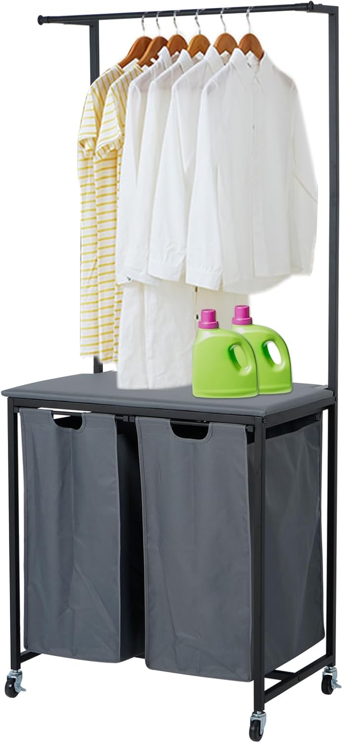 uyoyous Clasificador de ropa sucia con tabla de planchar, carrito clasificador de ropa sucia resistente de 2 secciones con riel para ropa, forros