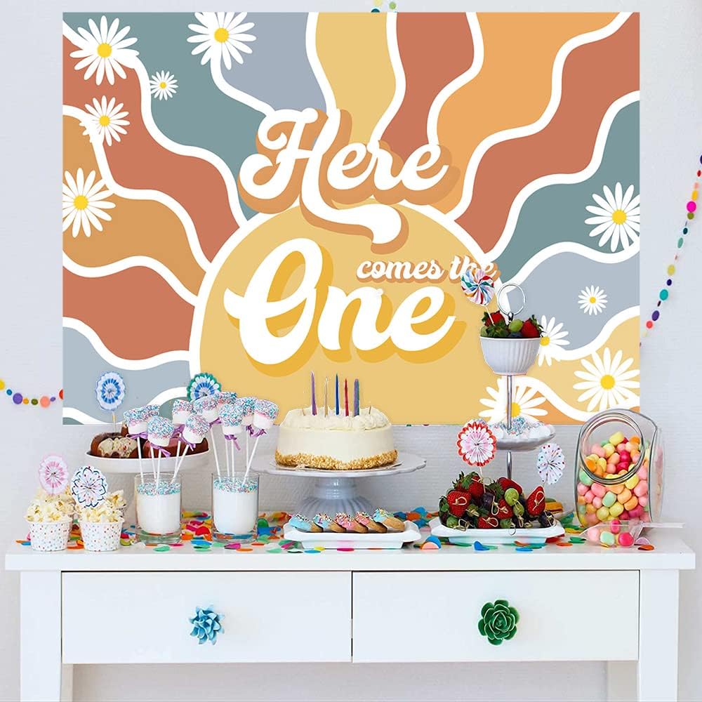 Mocsicka Fondo de sol para primer cumpleaños con texto en inglés “Here Comes The One”, retro, bohemio, decoración de fiesta de primer cumpleaños,