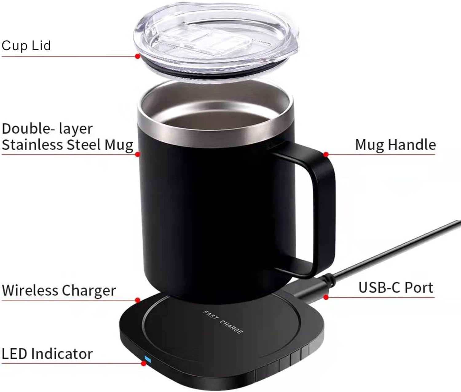 Juego de calentador de taza de café con cargador inalámbrico de 15 W, taza de café autocalentable para escritorio, taza térmica que mantiene el café