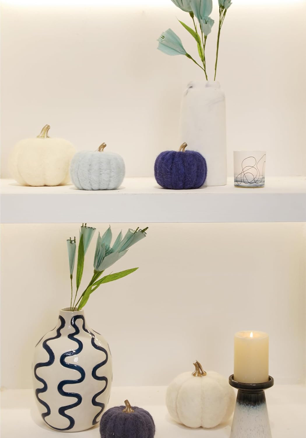 DN DECONATION 3 calabazas decorativas de calabaza, calabazas de lana azul marino para decoración, calabaza de tela pequeña como centro de mesa para