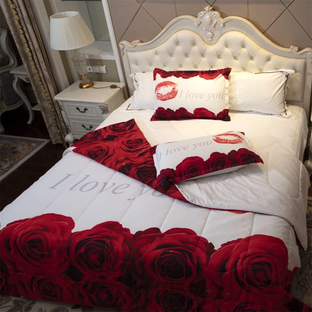 Juego de edredón 3D Queen  Juego de edredón con estampado de rosas rojas y blancas tamaño Queen, juego de ropa de cama con 2 fundas de almohada para
