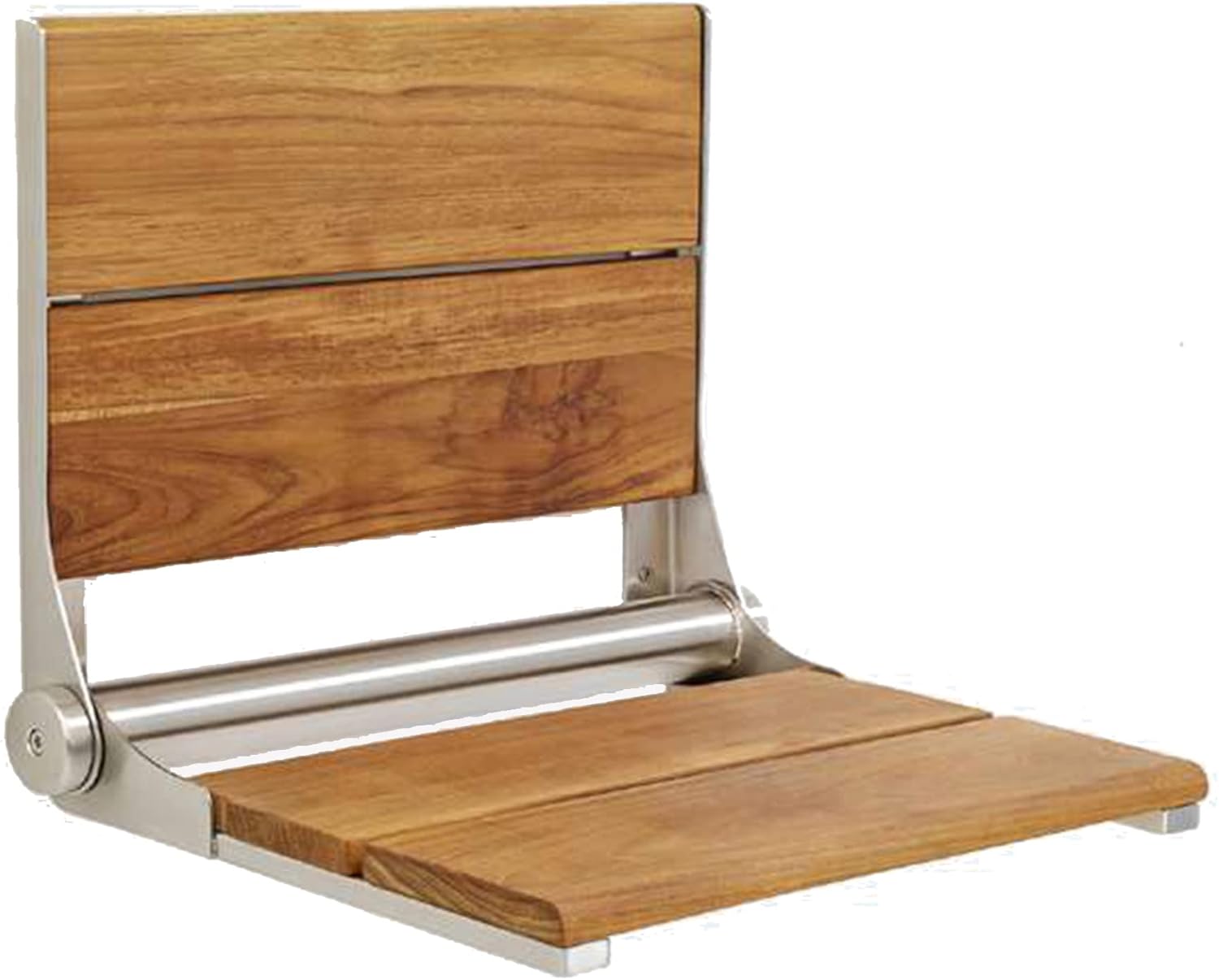 Asiento de ducha de teca, madera de contorno, banco plegable de montaje en pared para ducha interior, asistencia de seguridad ADA, acero inoxidable