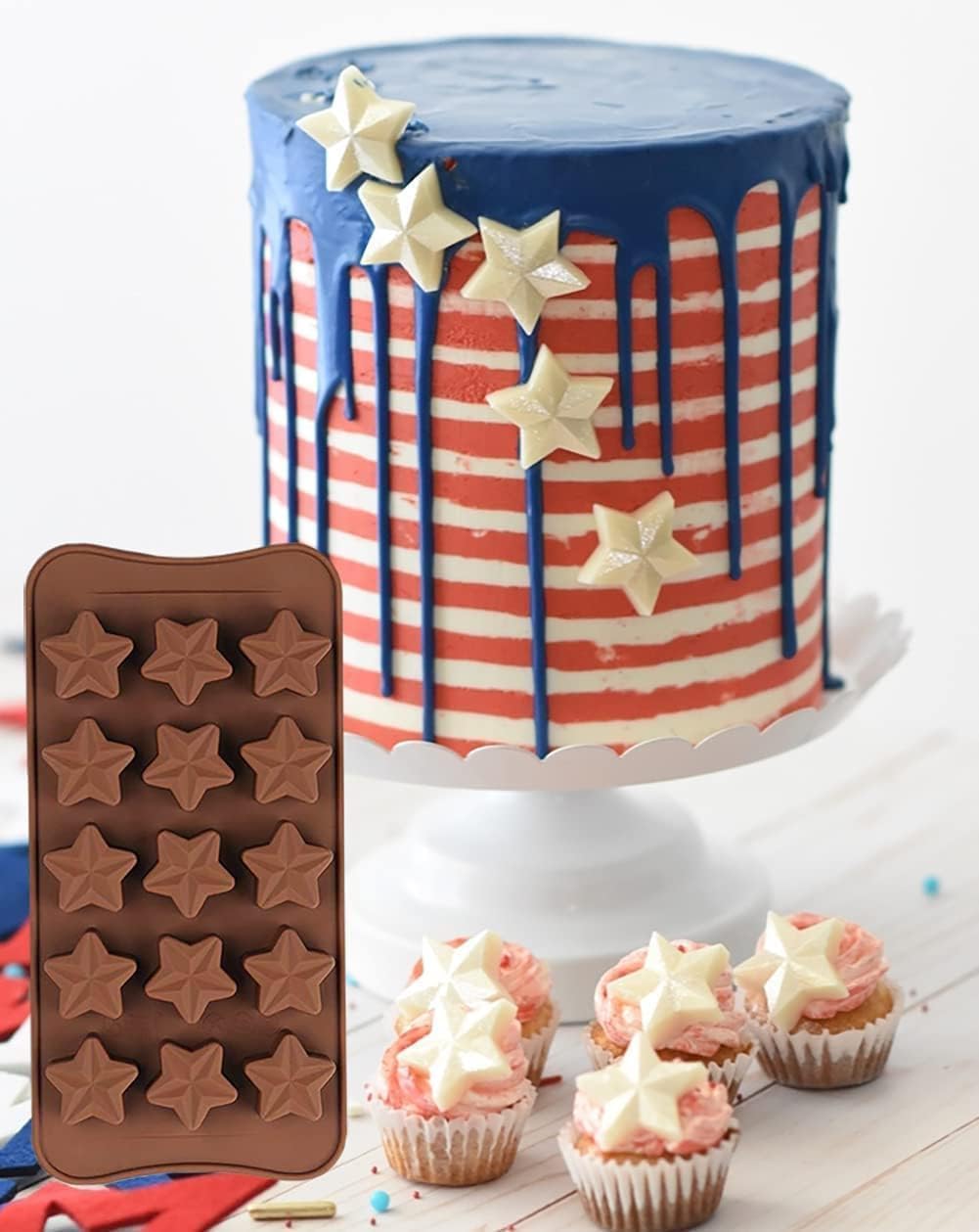 Molde de silicona con forma de estrella, molde antiadherente para chocolate, 2 unidades, 15 cavidades para dulces, postres, gelatina, cubitos de