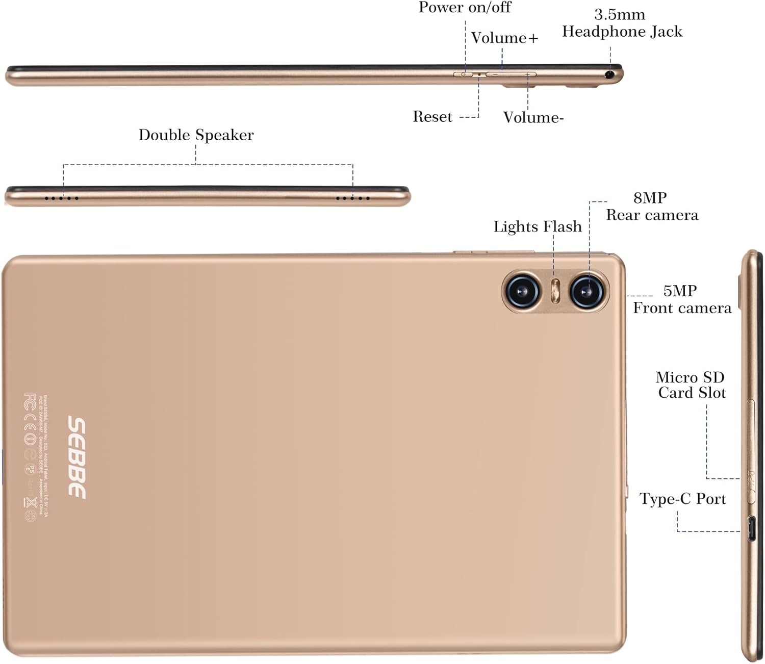 SEBBE Tablet PC Android 13 de 10 pulgadas 12 GB de RAM + 128 GB ROM TF 1 TB Octa-Core 2.0 GHz, Google GMS  Bluetooth 5.0  5G WiFi  6000mAh  1280 *
