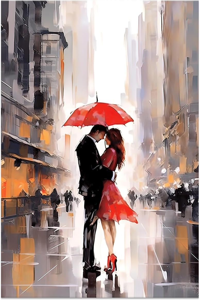 Pintura en lienzo para decoración de pared, amantes de París con paraguas rojo, arte de pared, impresiones románticas en lienzo para dormitorio,