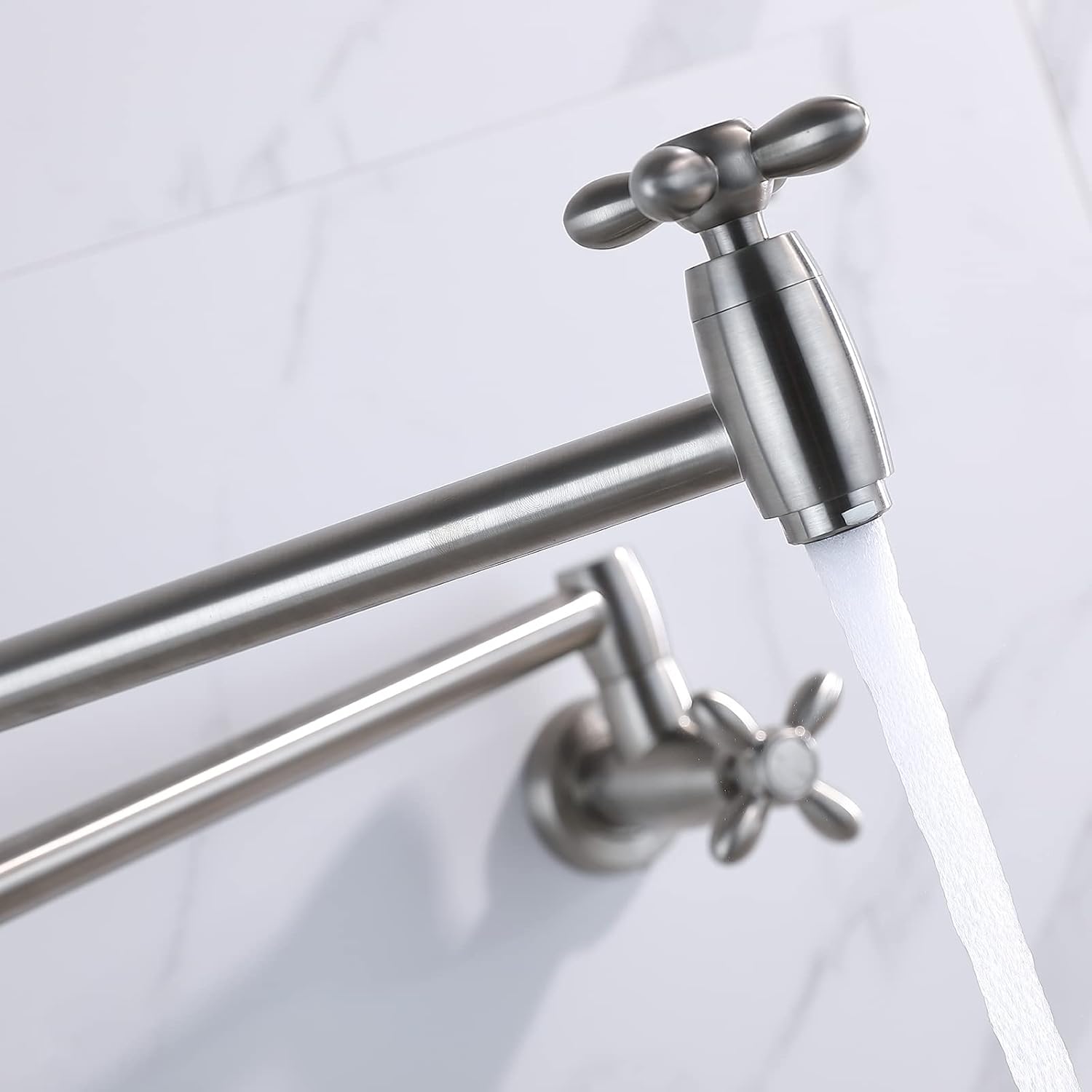 Llenador de ollas de níquel cepillado grifo de cocina de latón macizo plegable montaje en pared extensible doble articulación brazo oscilante de un