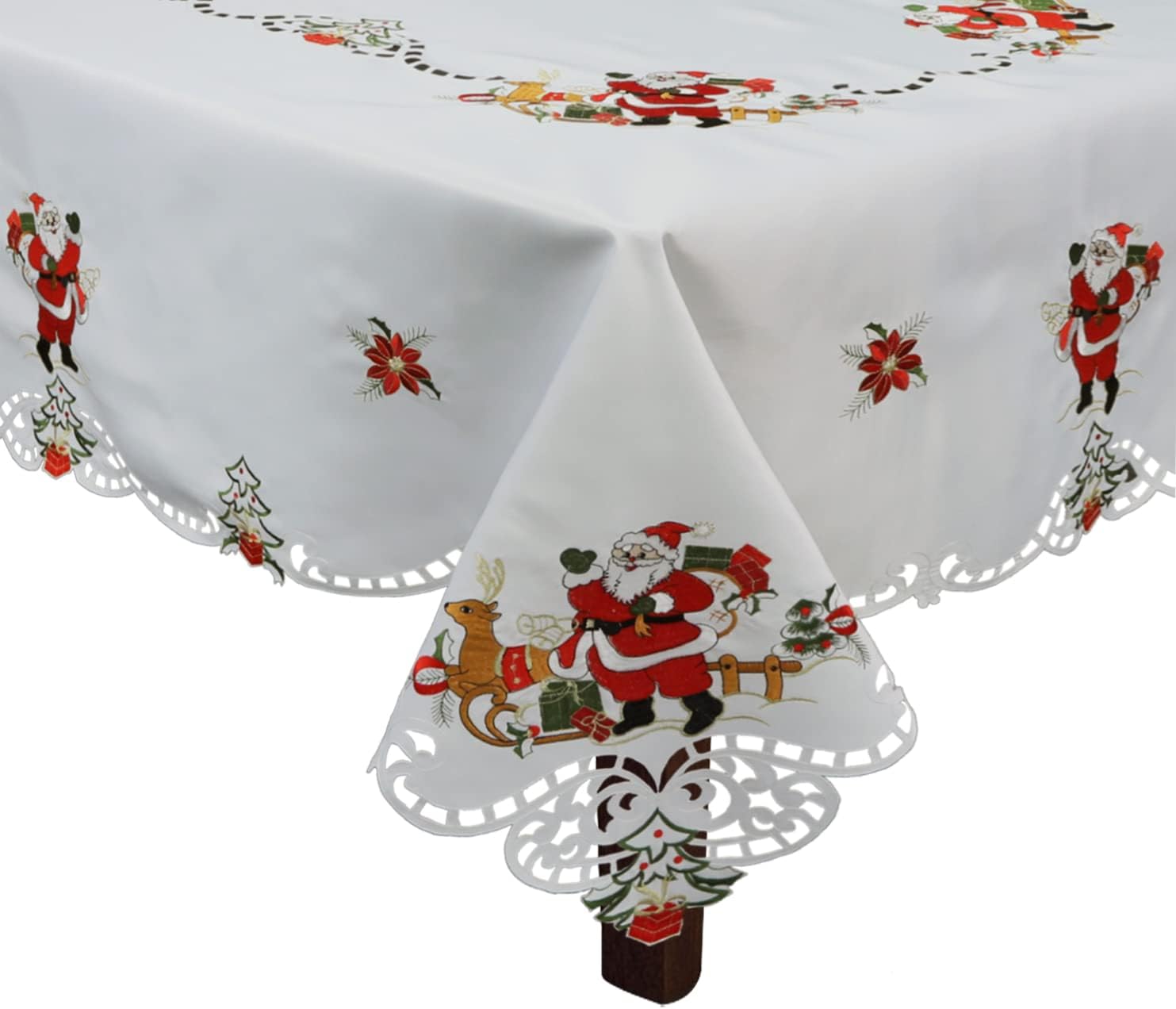 Mantel navideño de 70 x 90 pulgadas con 8 servilletas bordadas de Papá Noel, renos rojos, flor de pascua, mantel de invierno, rectangular, color