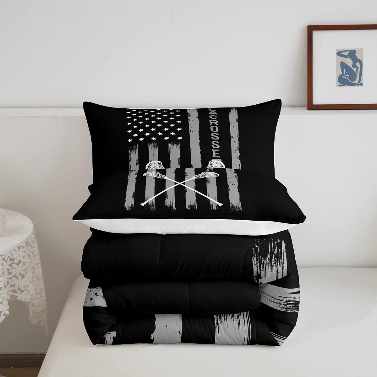 Lacrosse – Juego de edredón para niños y niñas, juego de ropa de cama de palo de lacrosse gris y blanco, relleno de edredón de rayas americanas,