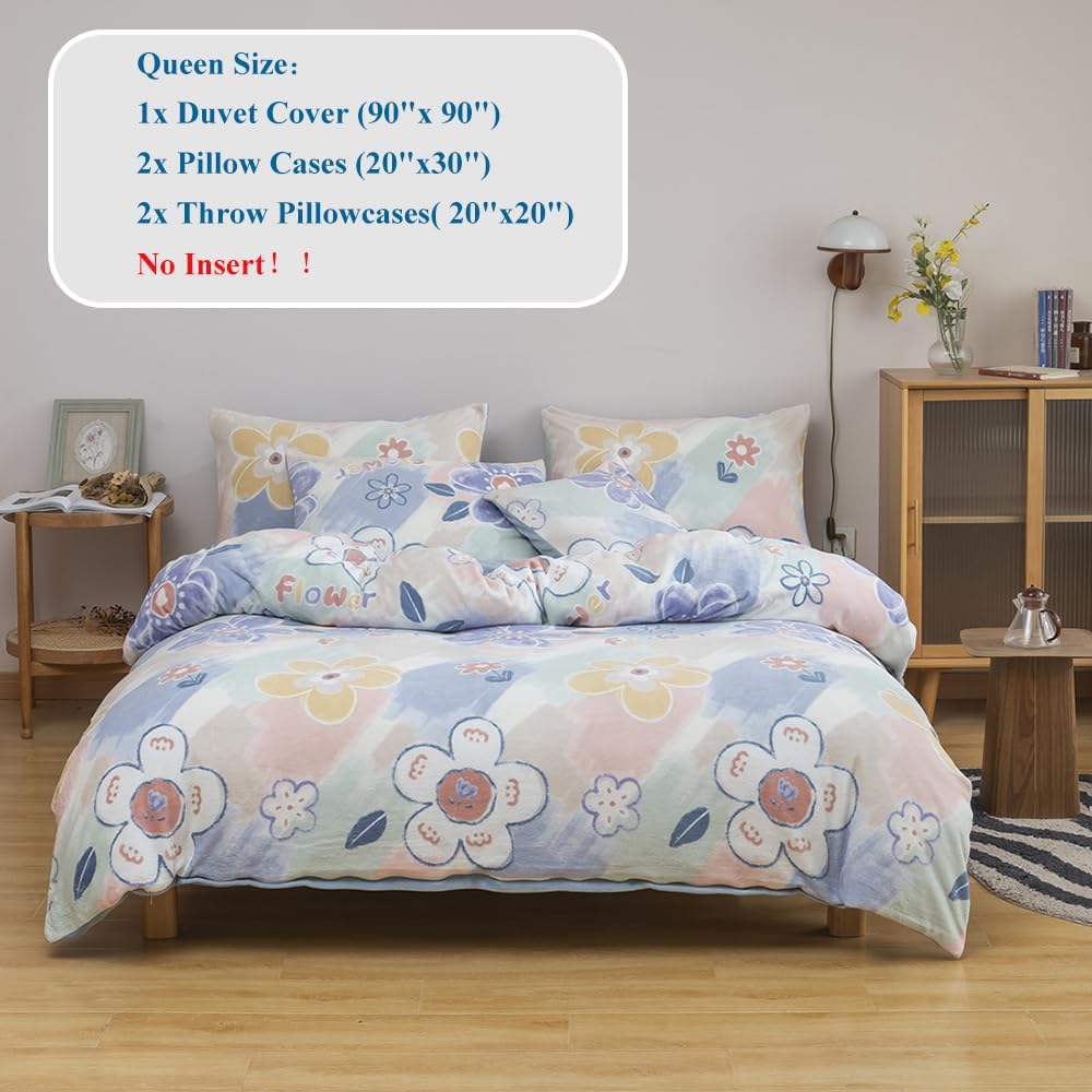 CinYana Juego de funda de edredón mullida y esponjosa, funda de edredón floral de 5 piezas, juego de ropa de cama de flores tamaño Queen (flores