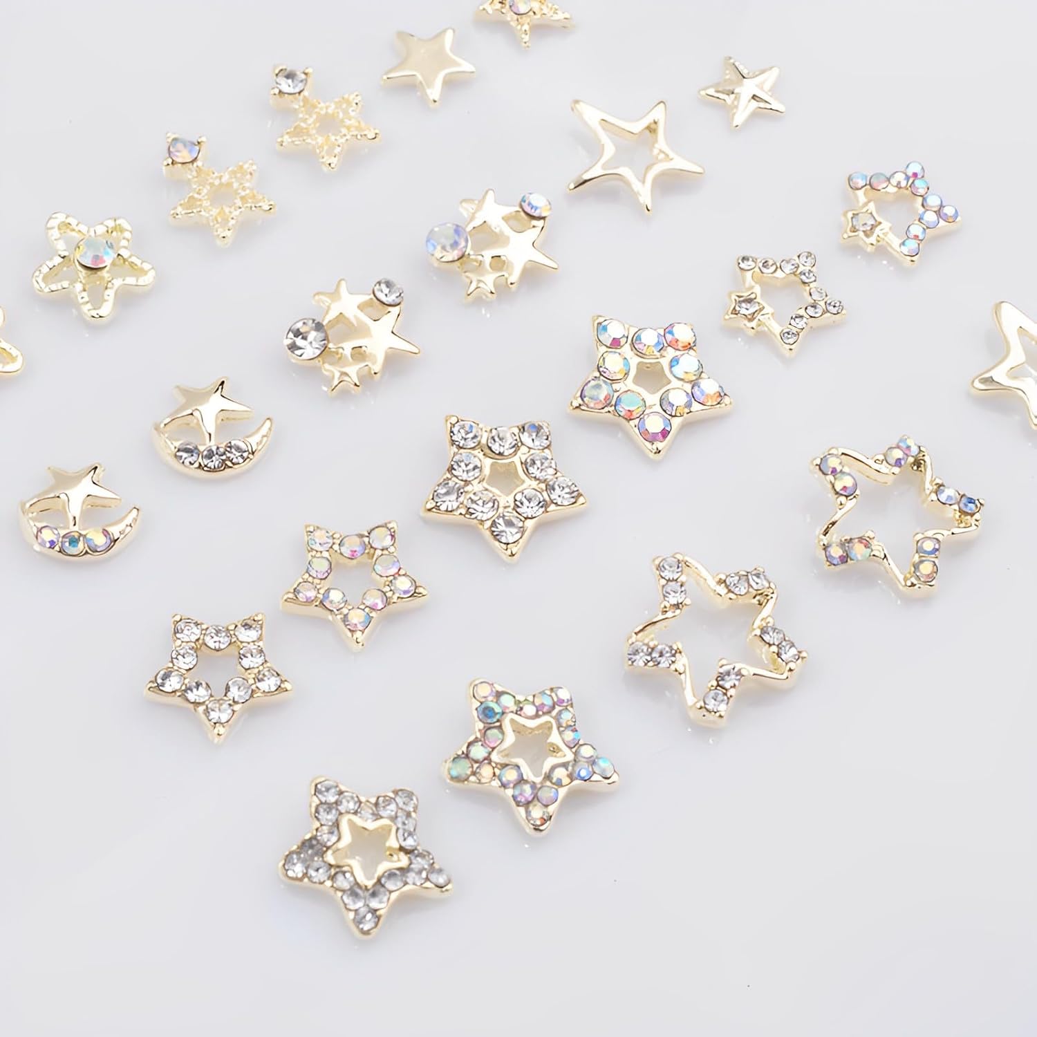 Shemboli – 24 dijes de uñas de estrella para uñas acrílicas, estrellas doradas 3D, diamantes de imitación de uñas, gemas de uñas, pentagrama, lindos