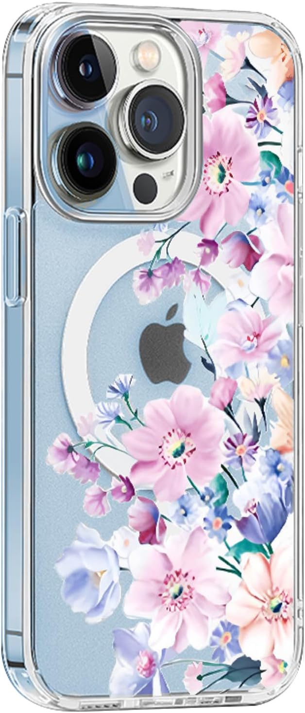 Funda Magsafe para iPhone 13 Pro Max, diseño floral lindo delgado a prueba de golpes protector duro PC+TPU parachoques flor mujeres cubierta