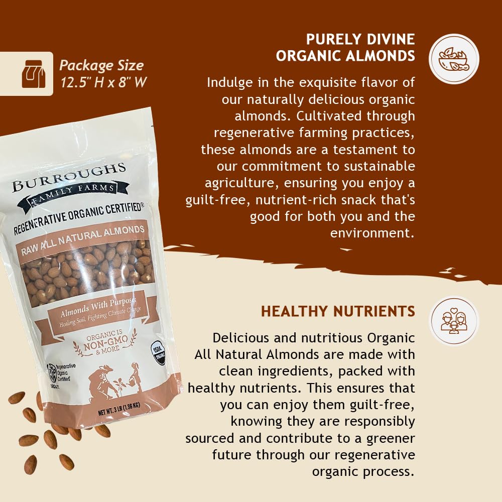 Burroughs Family Farms Almendras orgánicas regenerativas totalmente naturales, sin gluten, sin OMG, almendras paleo cetogénicas, delicias sin culpa