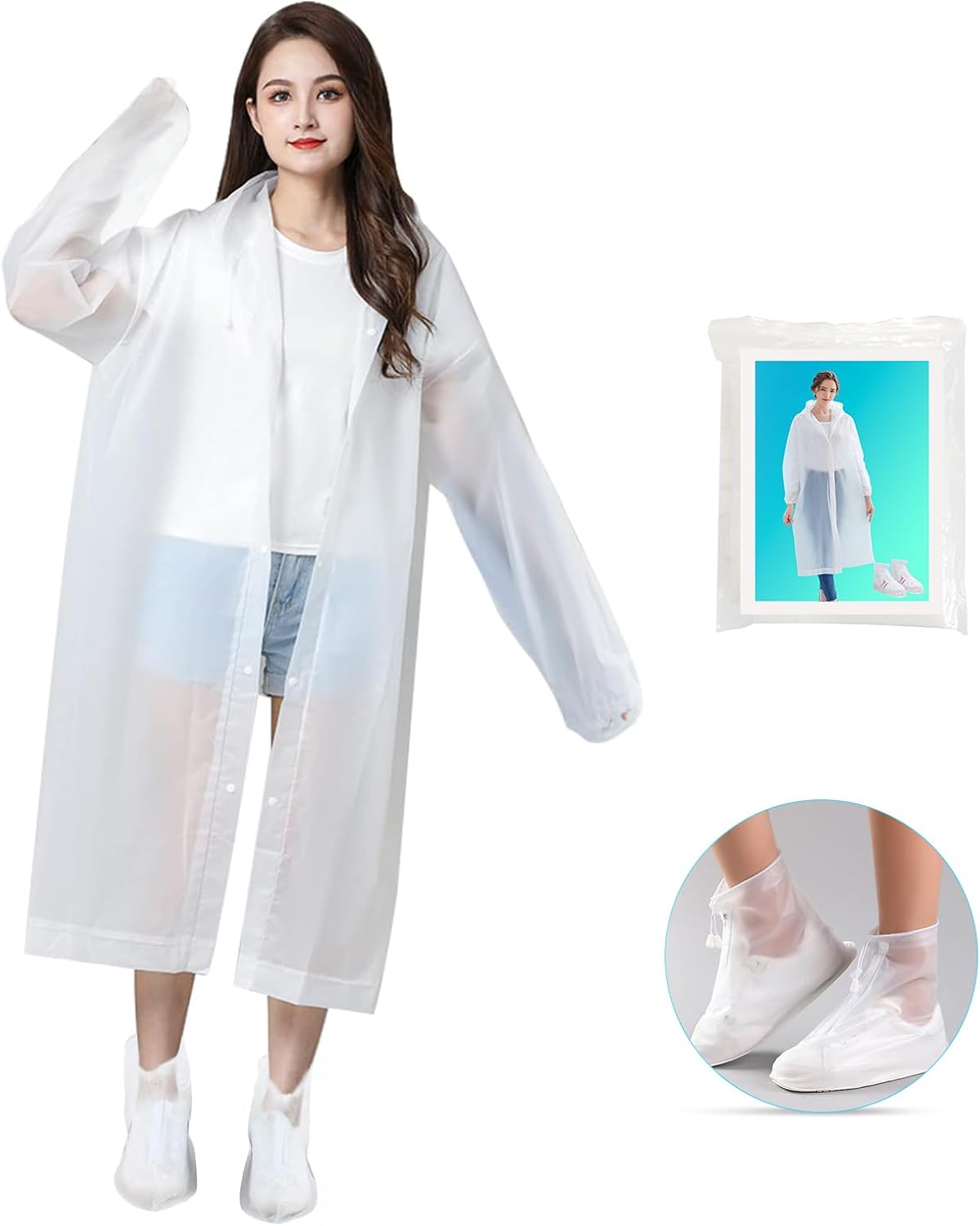 Ponchos de lluvia para adultos, ponchos para adultos con fundas impermeables para zapatos, abrigos de lluvia reutilizables con capucha y mangas,