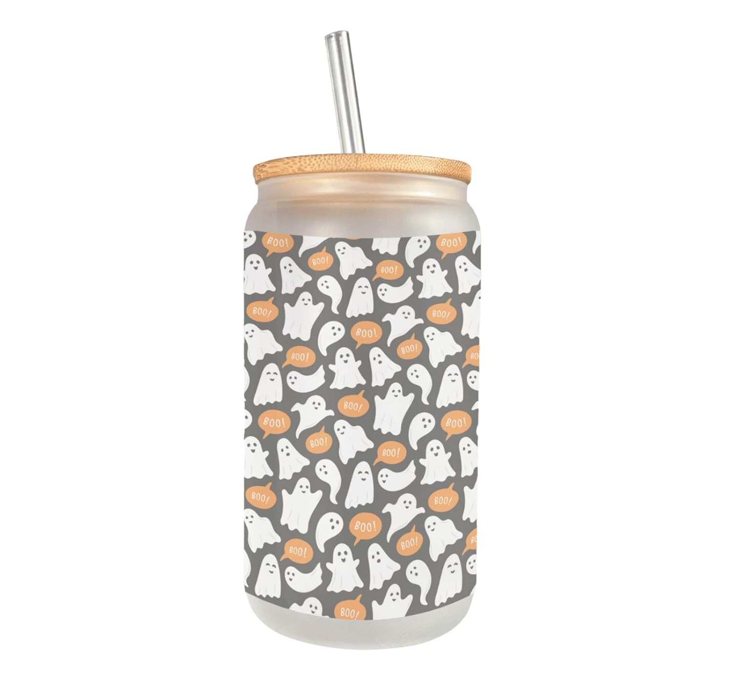 Cute Little Ghost Frosted Glass Can with Bamboo Lid, straw and cleaning brush, 16 Oz Halloween Vibes Glass Cup Mugzan