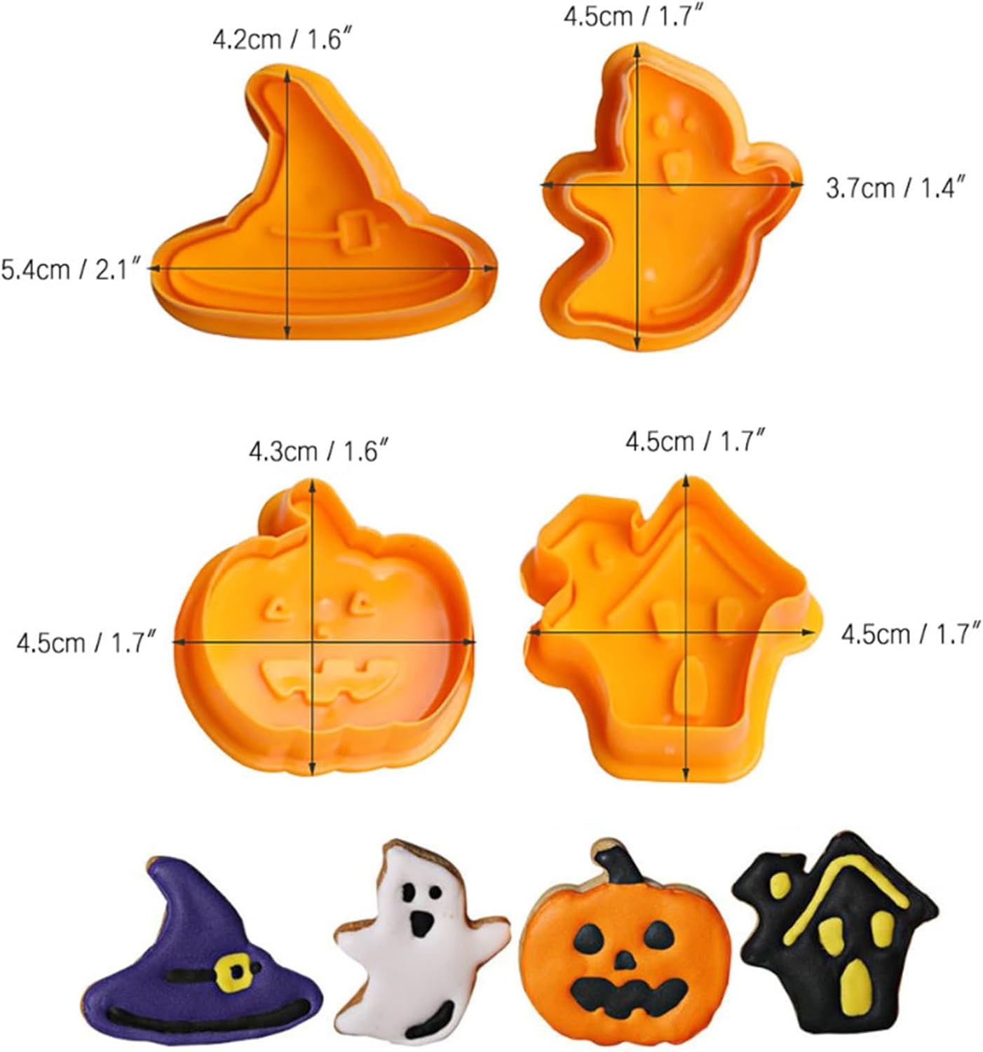 Juego de 4 cortadores de galletas de Halloween, moldes 3D para cortar galletas de casa encantada, sombrero de bruja, fantasma, calabaza, fondant,