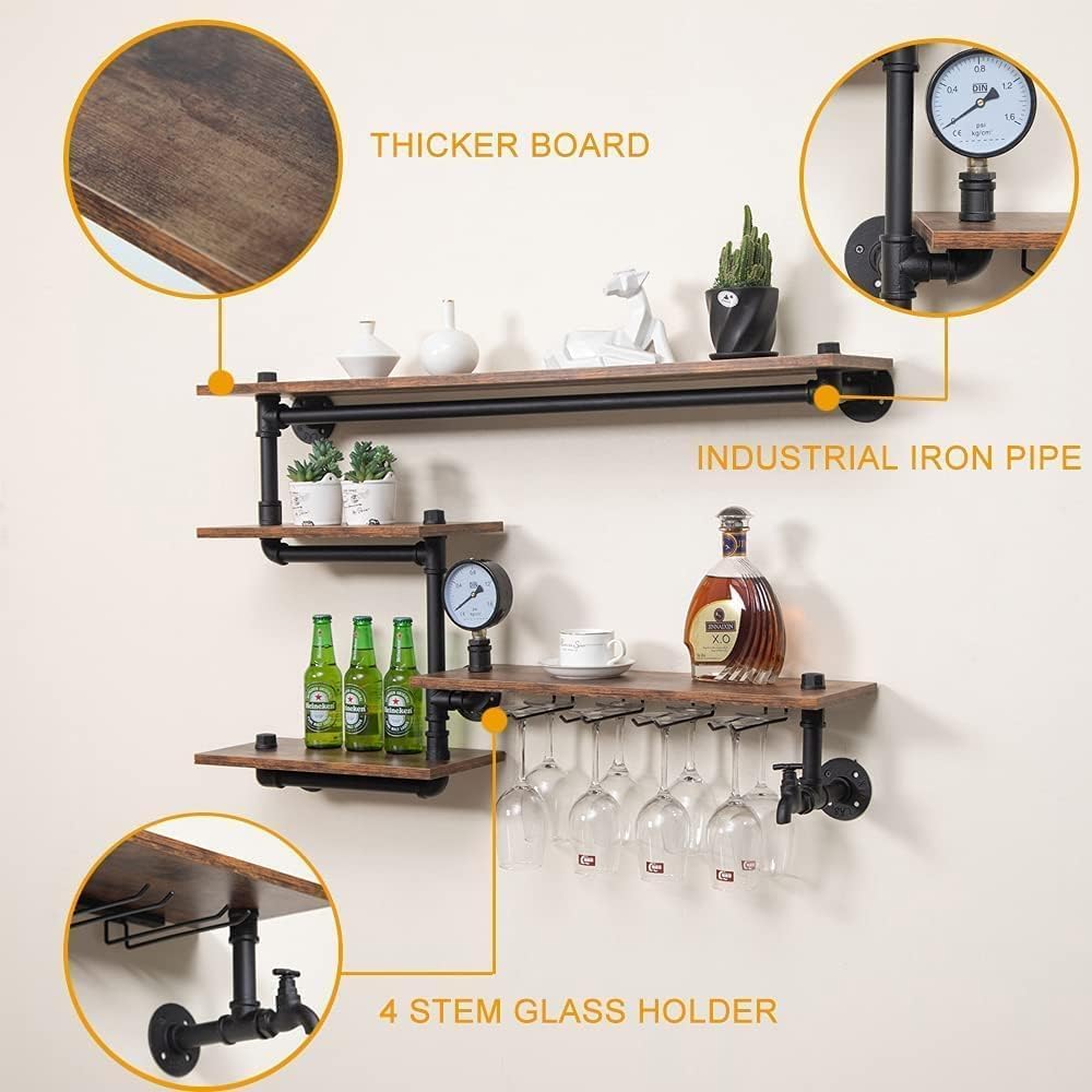 DYRABREST Estante para copas de vino, estante de tubo industrial montado en la pared, soporte para botella de vino, 39.37 pulgadas, estante flotante