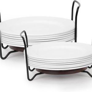 Soporte para platos, pequeño y grande, paquete de 2 unidades para organizadores de platos de 6 a 13 pulgadas, base redonda de madera de color marrón Soporte para platos, pequeño y grande, paquete de 2 unidades para organizadores de platos de 6 a 13 pulgadas, base redonda de madera de color marrón