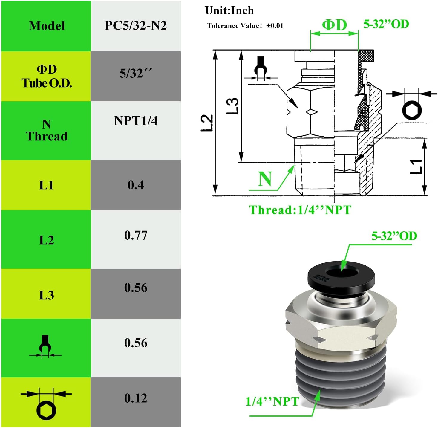 Tubo neumático macho recto de 532 pulgadas OD x 14 pulgadas NPT Push para conectar accesorios modo PC532xN02 (paquete de 10)