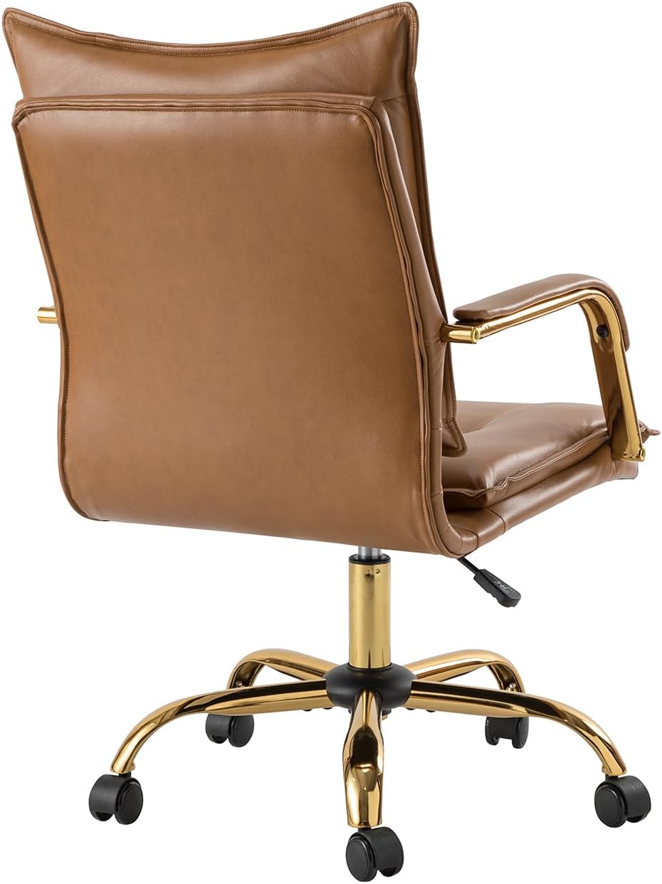 TINA’S HOME Silla de escritorio de piel sintética para oficina en casa, silla giratoria ajustable para computadora con patas y brazos dorados,