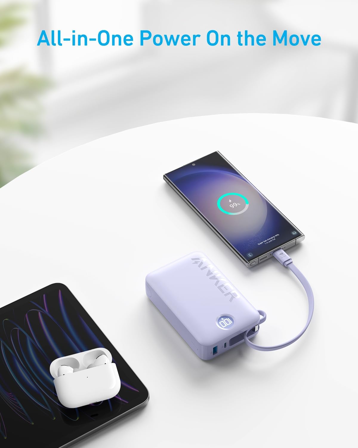 Anker Paquete de batería de batería de 20,000 mAh, 22,5 W, cargador portátil de carga de alta velocidad con cable USB C integrado, 1 USB-C, 1 USB-A,