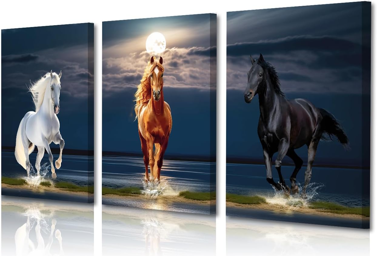 Kyiyhzp Arte de pared azul con caballo corriendo en el pastizal junto al mar, arte de pared de animales coloridos para el hogar moderno, dormitorio,