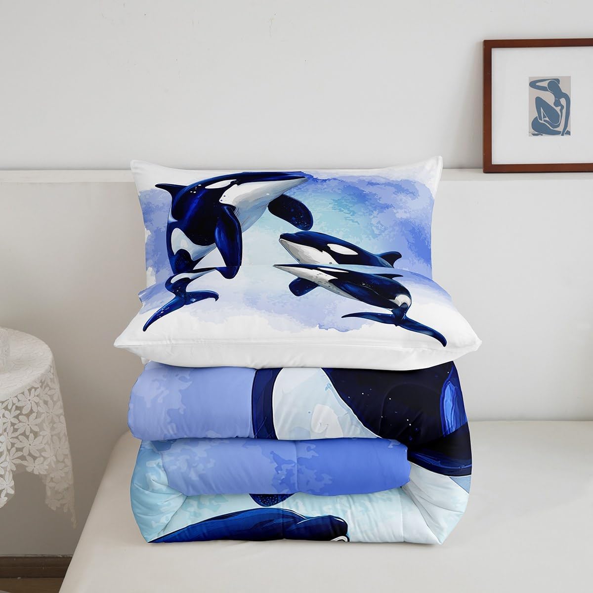 Erosebridal Juego de edredón tamaño matrimonial con diseño de ballena asesina para niños y niñas, juego de ropa de cama de animales oceánicos en