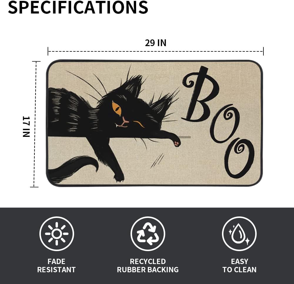 Tapete decorativo de bienvenida de gato negro de Halloween, 17 x 29 pulgadas, antideslizante y lavable, tapete de goma trasera de goma para