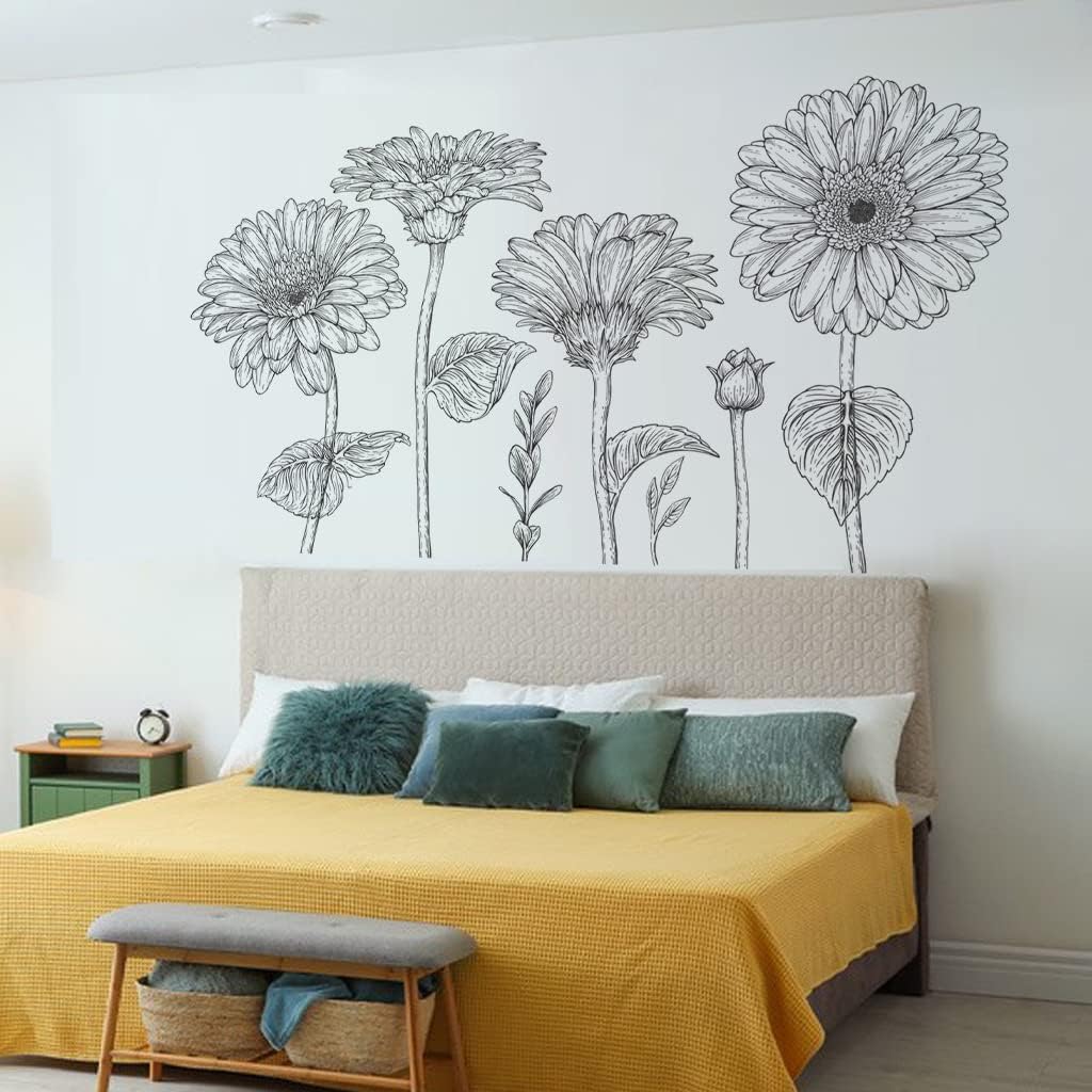 Calcomanías de pared de flores grandes para despegar y pegar, calcomanías de margaritas blancas y negras, calcomanías de pared florales para