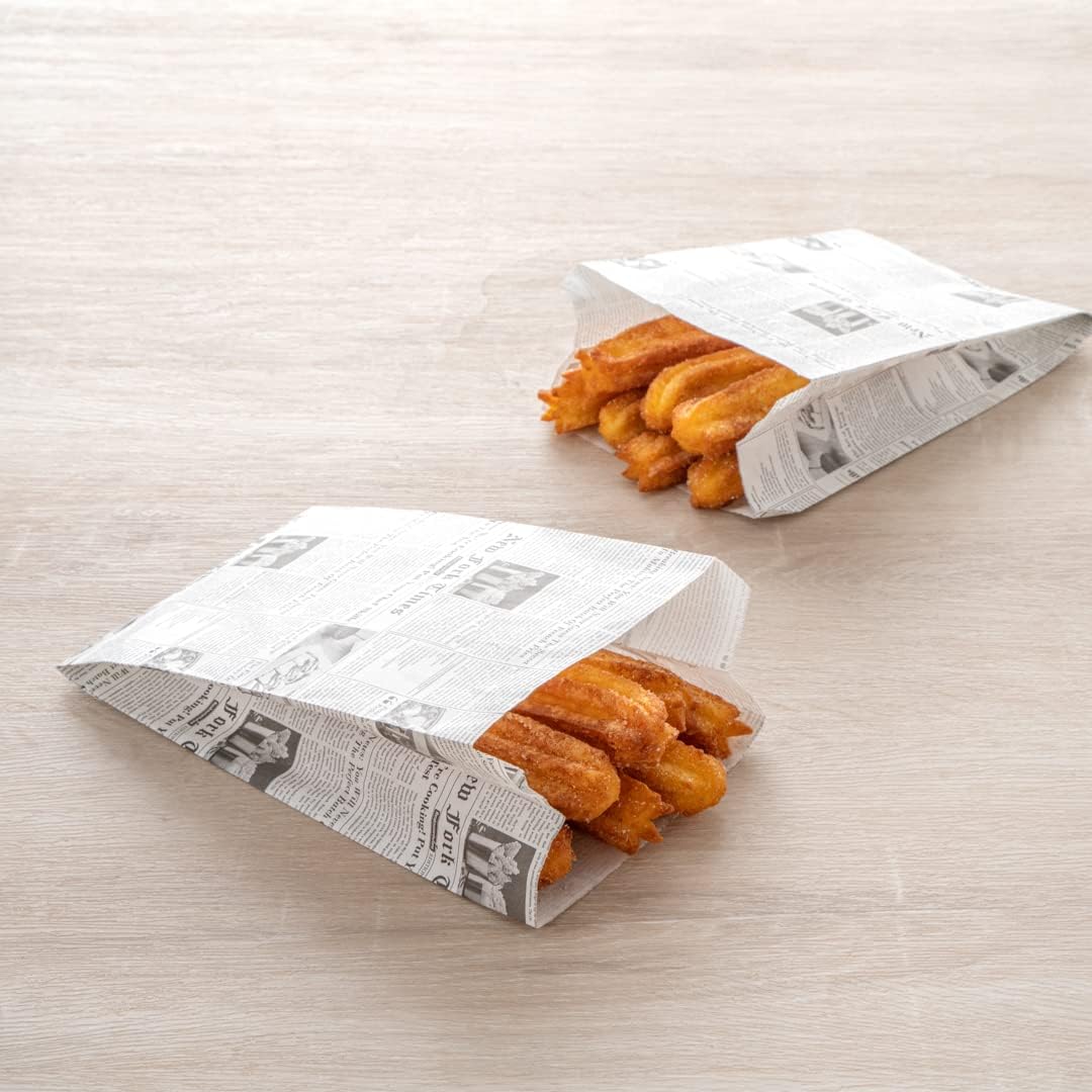 Restaurantware Bag Tek Newsprint Paper French FrySnack Bag – 5″ x 3″ x 8 34″ – Caja de 100 unidades