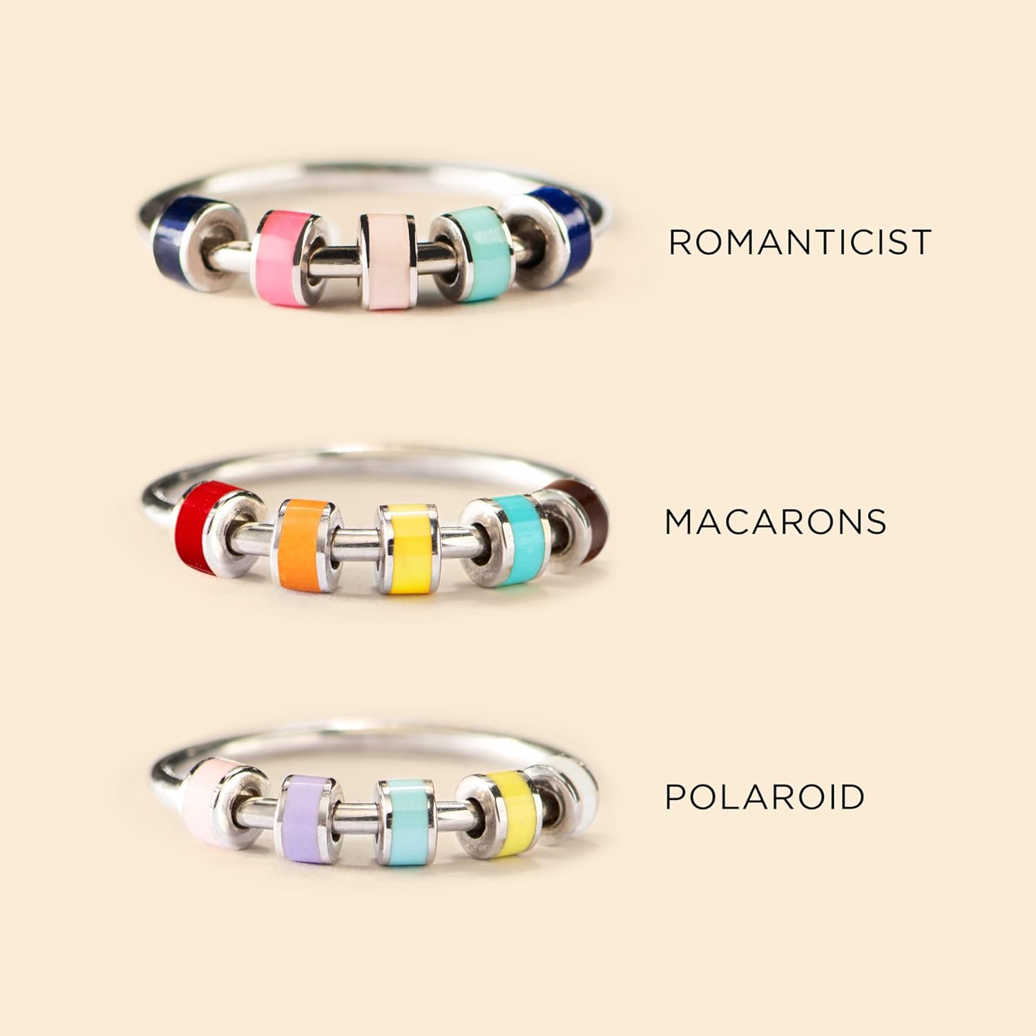STORYJEWELLERY Anillos antiestrés para mujeres, anillo de ansiedad para niñas, anillo giratorio para mujer, anillos antiestrés de esmalte plateado,