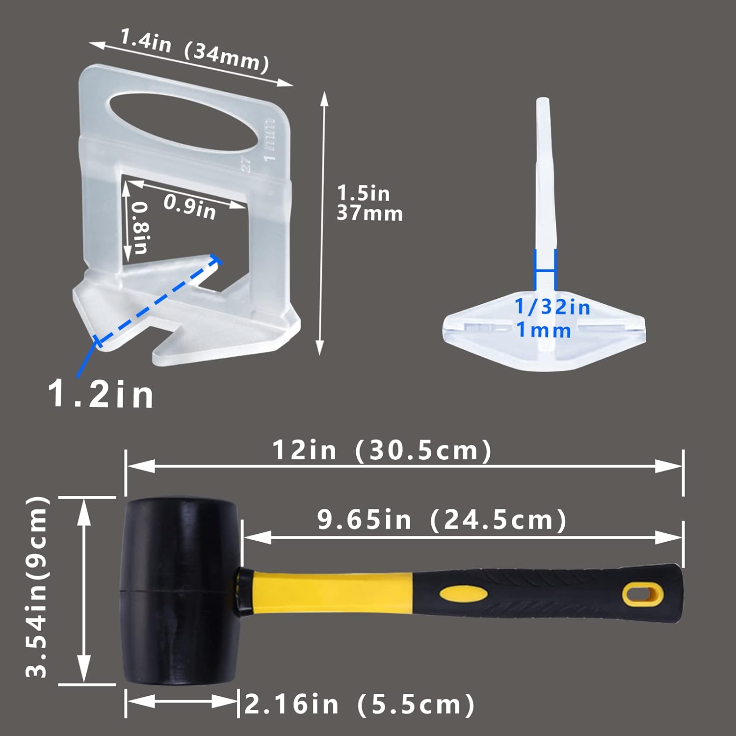 Clips para sistema de nivelación de azulejos de 132 pulgadas, 2500 piezas de clips espaciadores de azulejos y martillo de mazo de goma de 16 onzas.