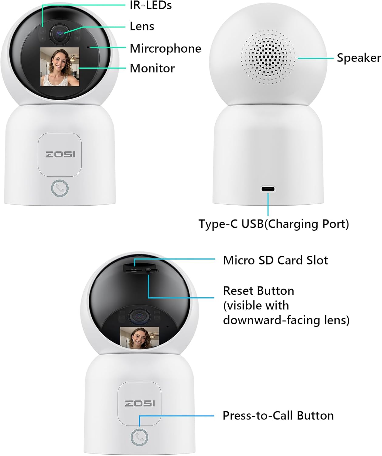 ZOSI Cámara de seguridad de video de 2 vías de 4 MP, C519M 360 View Baby  Pet Dog Monitor, 2.5K Plug-in 2.4G5G WiFi Cámara inteligente para