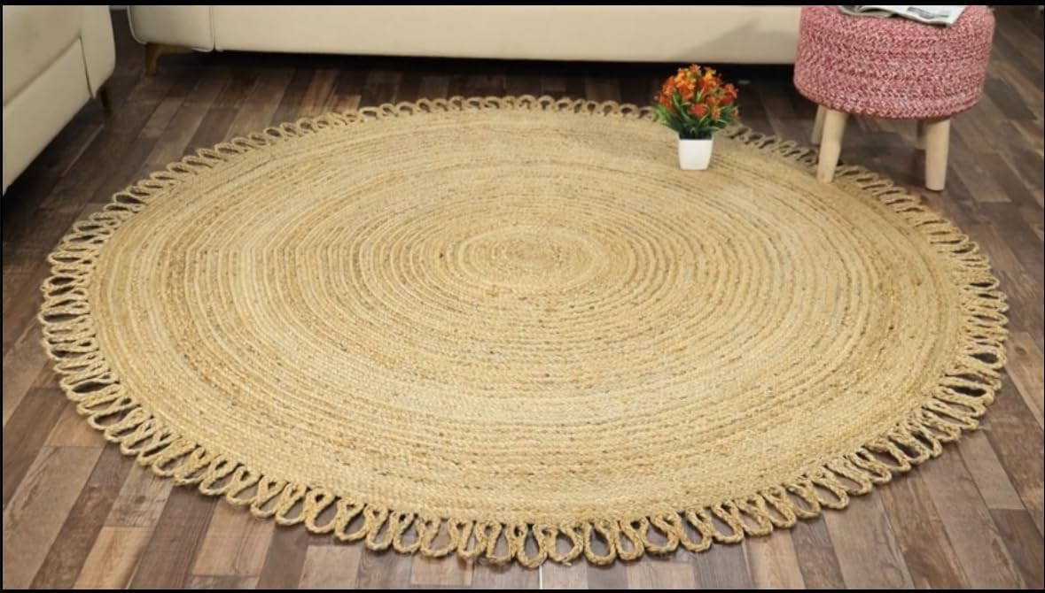 MORE Alfombras de yute tejidas a mano de fibra natural  Alfombra redonda trenzada bohemia reversible hecha a mano de 4 pies  Alfombra ecológica para