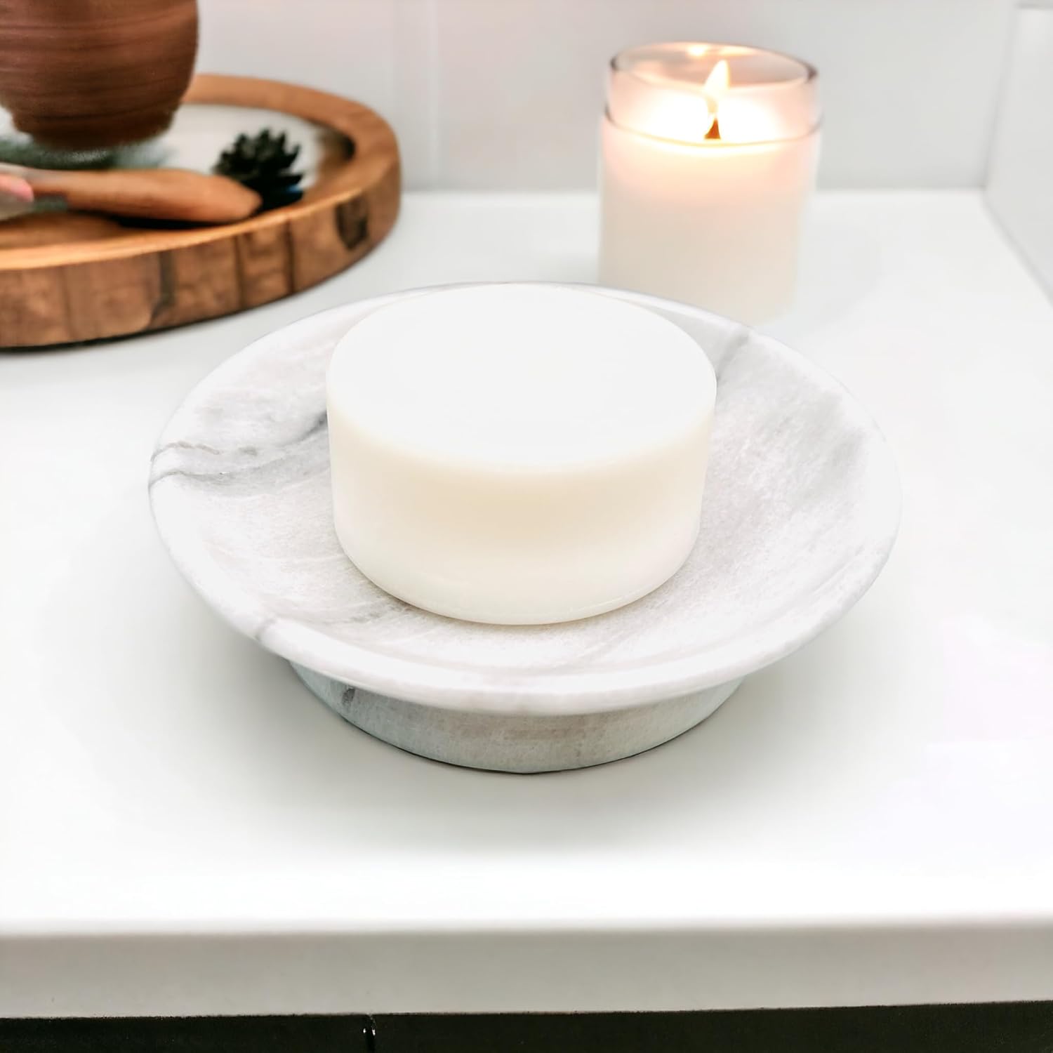 Hapton House Jabonera de mármol natural blanco, hecho a mano, mármol sólido auténtico, soporte para jabón, plato decorativo, plato de joyería,