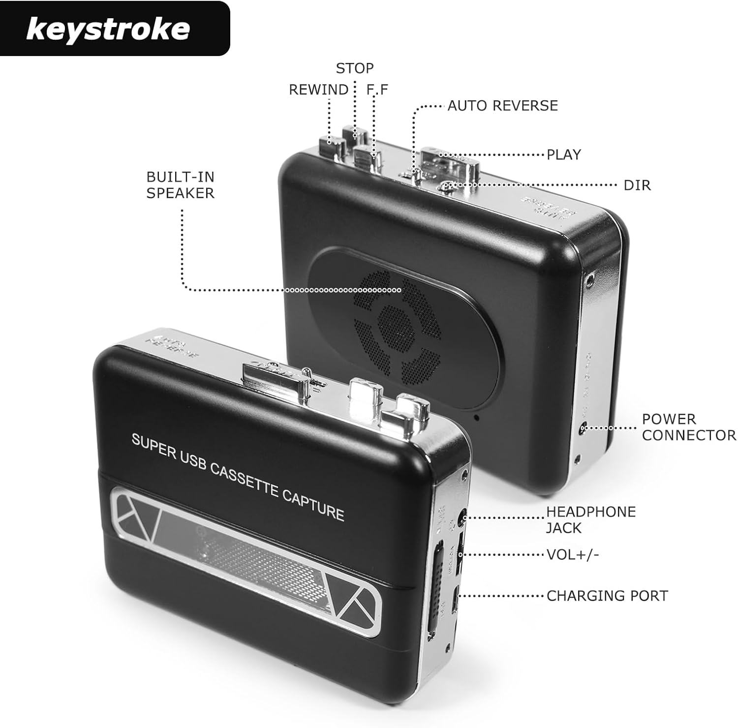 Reproductor de casete de reversa automático portátil, reproductor de cinta de casete Walkman estéreo transparente con altavoz grande y auriculares,