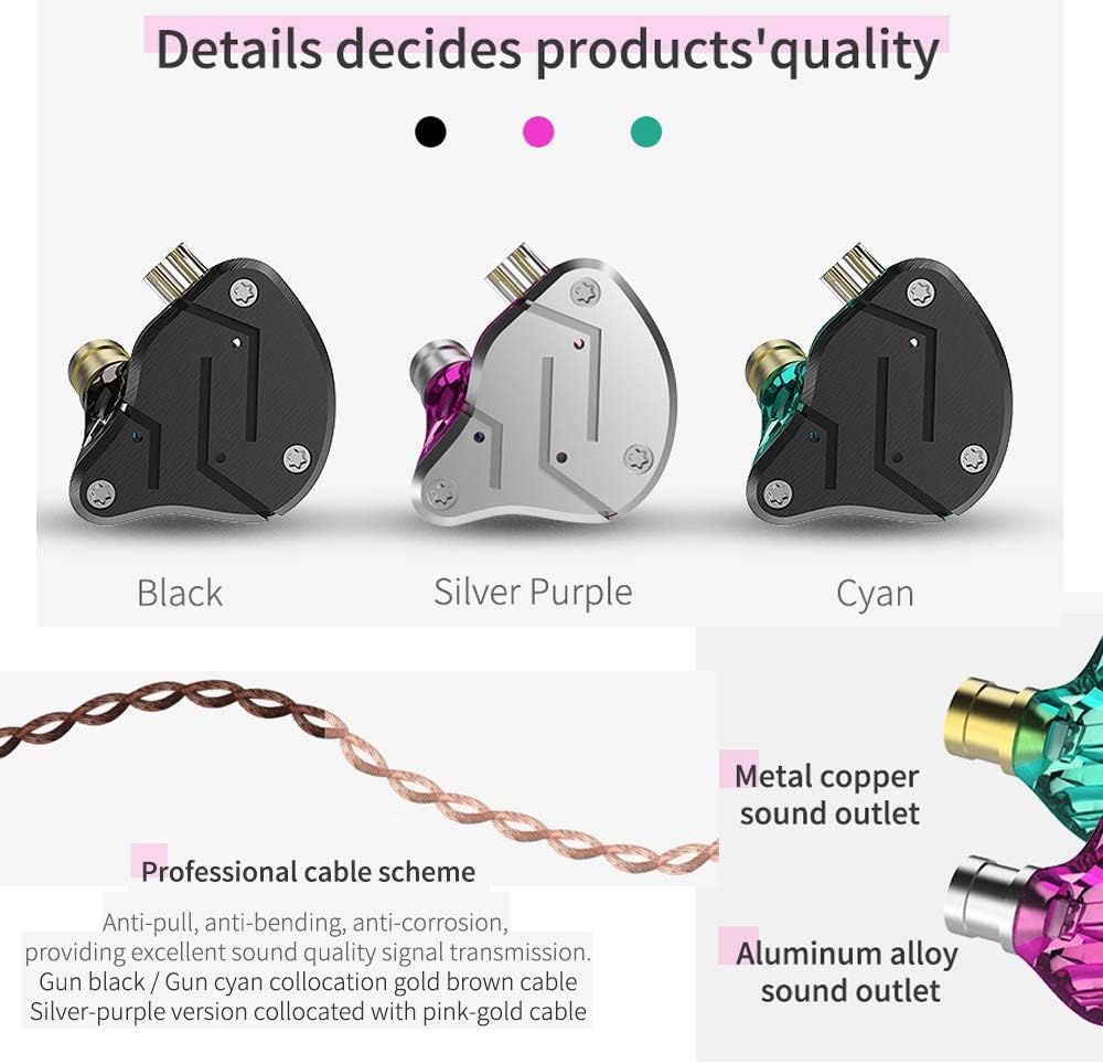 KZ ZSN – Auriculares intrauditivos 1BA 1DD estéreo de alta fidelidad, auriculares KZ de alta resolución con cable desmontable de 0.030 in de 2 pines